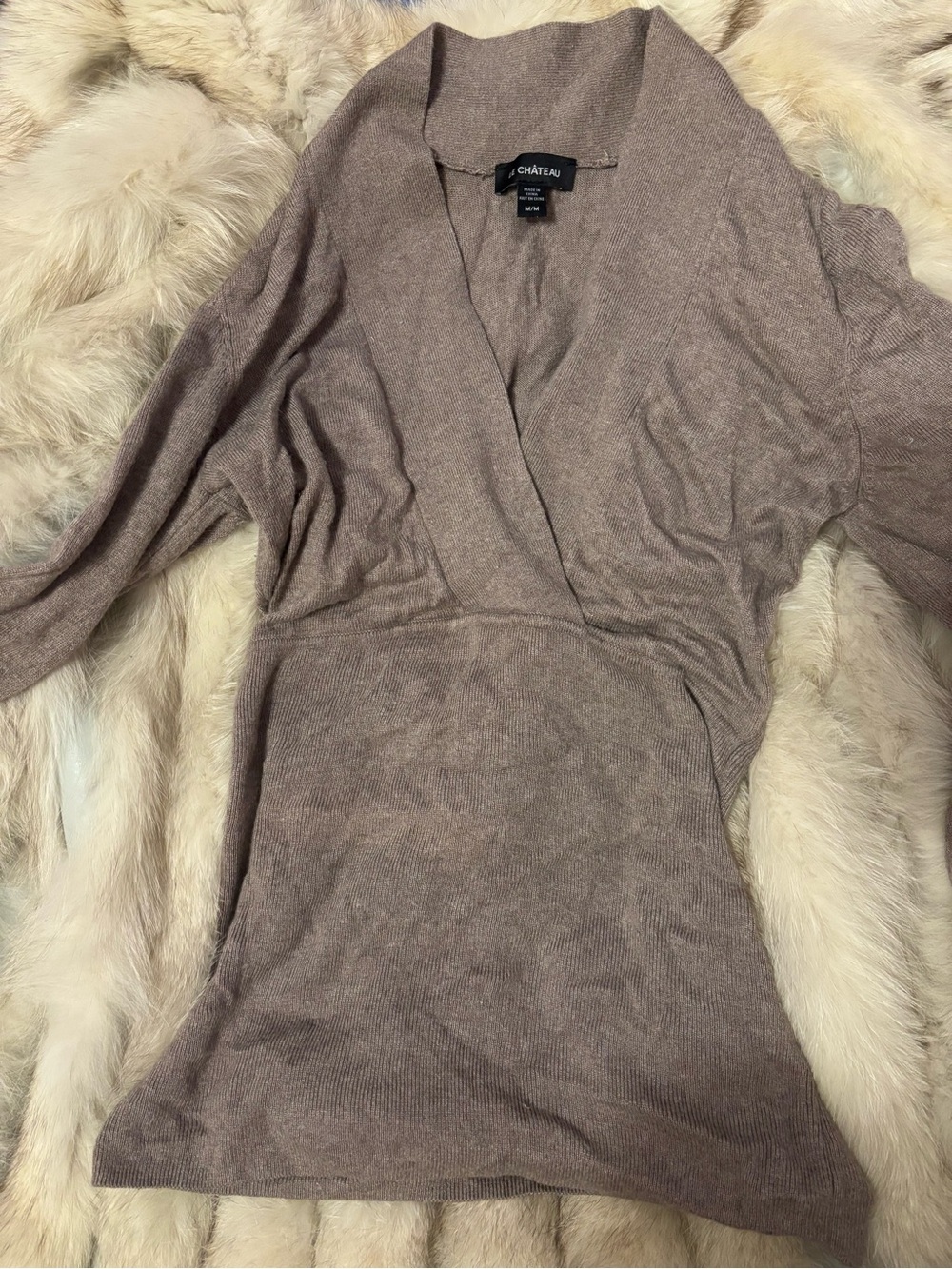 le chateau Dusty Taupe Wrap-Style V Neck Sinched Waist Long Sleeve Top
